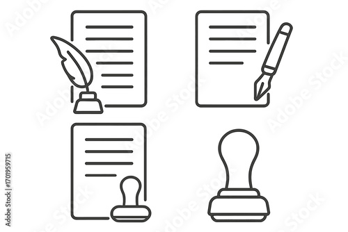 Metaphor notary public service. Document icon set with quill pen and stamp. Outline icons for contract, agreement, legal concepts. Signing, history, law, approval symbol.