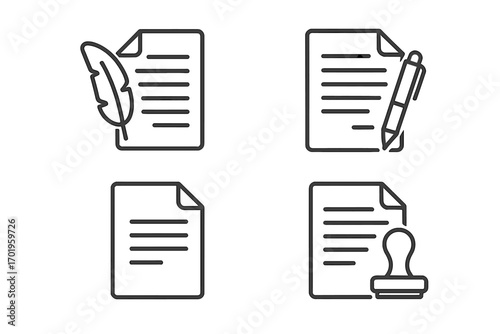 Document icon set with quill pen and stamp. Line art vector of contract signing and agreement. Editable stroke for notary, legal, or business concepts. Office paperwork.