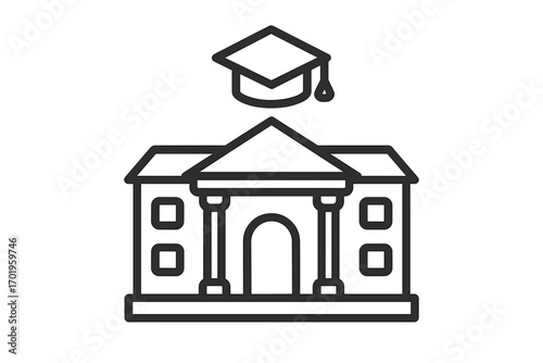 University building line icon with graduation cap. Higher education symbol. School, college, academy pictogram. Concept for knowledge, academic degree, study, and learning.