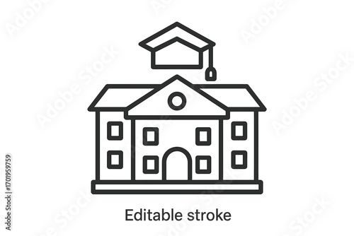 University building line icon with graduation cap. Concept of higher education, academy, and knowledge. Vector symbol for college, school, learning, degree, and study.