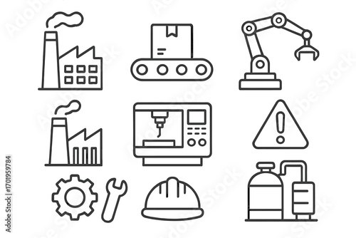 Industrial line icon set. Manufacturing and factory production symbols. Automation, robotic arm, conveyor belt, CNC machine. Engineering and technology vector illustrations.