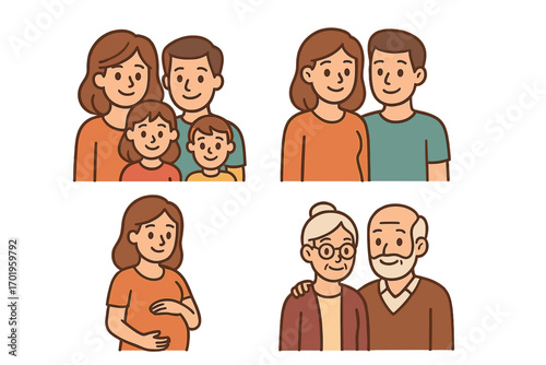 Family life cycle icon set. Cartoon vector characters. Parents with children, young couple, pregnant woman, and grandparents. Happy people generation relationship avatars.