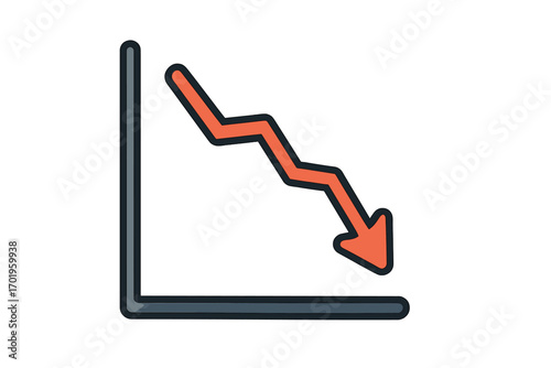 Decrease icon. Graph chart going down. Arrow down diagram. Business loss and failure concept. Financial crisis. Market recession. Reduce cost symbol. Economy problem. Vector.