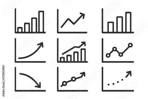 Graph chart icon set for business finance. Data analysis symbol collection. Growth, progress, and decline arrow. Infographic elements. Statistics diagram for presentation report.