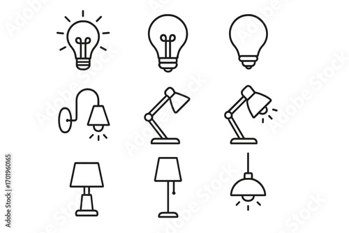 Light bulb and lamp outline icon collection, editable stroke vector set for infographics, articles, books, flyers, banners, minimalist cartoon lamp illustrations