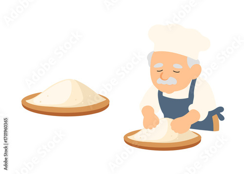 Vector illustration of an old baker kneading dough on a wooden tray, cartoon style. Traditional bakery concept with chef character, perfect for food, cooking, and culinary projects.