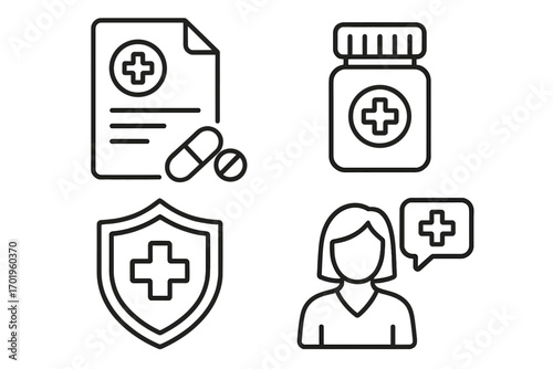 Medical icons set with microscope, prescription document, medicine bottle, healthcare shield, and doctor consultation symbols. Editable stroke vector illustration for web, apps, books, cards.