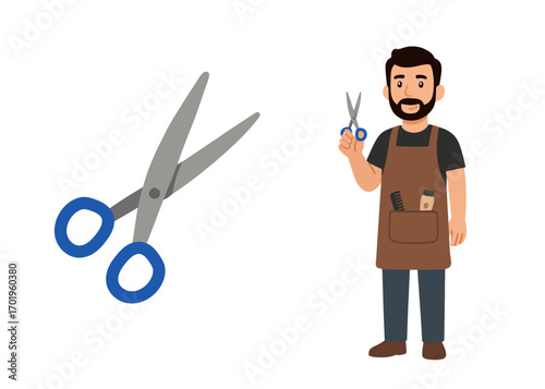Vector illustration of a male barber holding scissors, wearing apron with tools. Cartoon style hairdresser character design, perfect for beauty, hairstyle, grooming, and salon projects.
