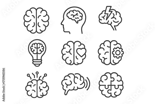 Brain icons thin line set. Editable stroke. Mind, idea, brainstorm, logic, emotion, neurology, psychology concepts. Vector illustration for web, apps, books, cards.