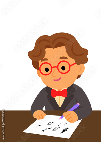 Vector illustration of a young composer writing music notes on paper, cartoon style. Creative musician character in glasses and bow tie, perfect for education, art, and music projects.