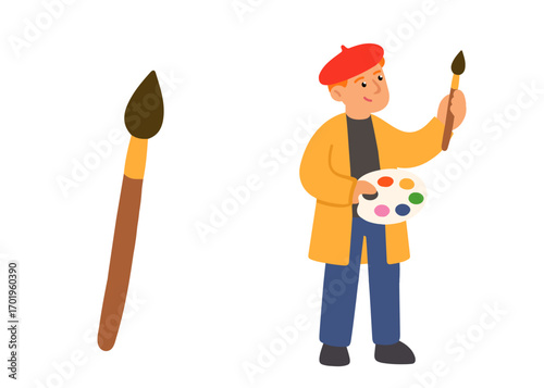Vector illustration of an artist with brush and palette, wearing beret and coat. Cartoon painter character design, perfect for art, creativity, education, and cultural projects.