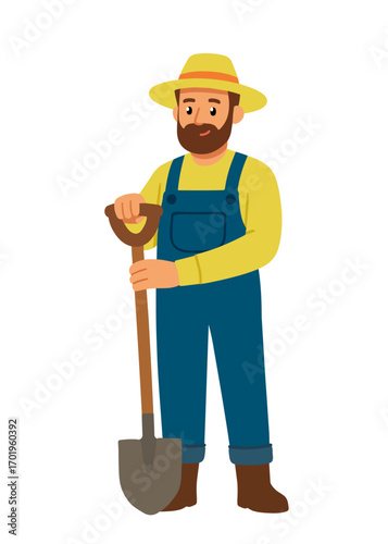 Vector illustration of a farmer in hat and overalls holding a shovel. Cartoon style agriculture worker character, perfect for farming, gardening, and rural lifestyle projects.