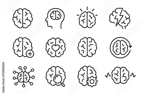 Brain process thin line icon set. Collection of thinking, idea, creativity, learning, and logic symbols. Mental health, psychology, and intelligence concepts. Vector collection.