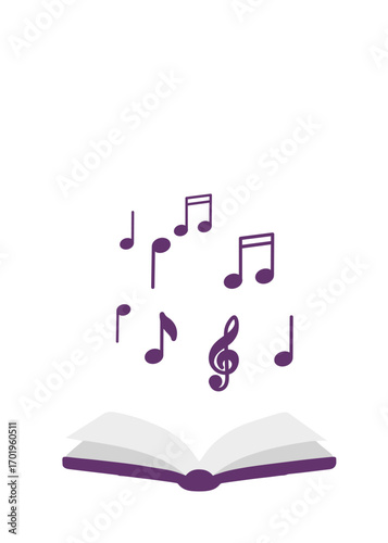 Vector illustration of an open book with flying music notes, flat cartoon style. Creative concept for education, art, literature, music learning, and cultural projects.