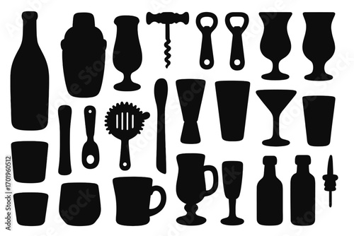Big set of bar tools and cocktail glasses silhouettes. Vector collection of bartender equipment icons for making alcoholic drinks and beverages. Shaker, jigger, bottle, opener.