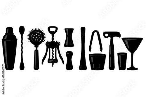 Bar tools and cocktail equipment silhouette icon set. Vector collection for mixology, drinks, beverages. Shaker, jigger, strainer, spoon, muddler, corkscrew, glassware.