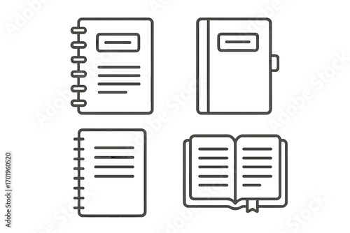 Notebook and Book Icon Set for UI Design, Placards, Apps, and Websites. Editable Stroke Vector Illustration with Pages, Binder, and Bookmark Elements for Notes and Books