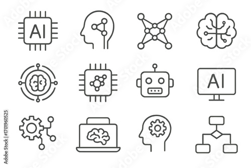 Artificial intelligence line icon set. AI technology, machine learning, neural network, robotics concepts. Editable stroke pictograms for web, app, banner design. Vector icons.