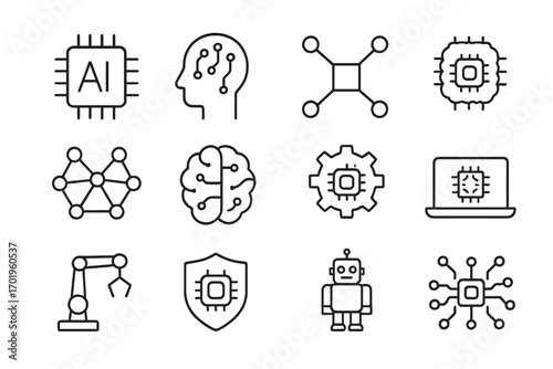 AI artificial intelligence thin line icons. Editable stroke vector icon set. Machine learning, deep learning, robot, neural network, automation, brain, processor, data science.