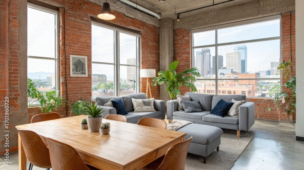 Fototapeta premium Modern Loft Apartment Interior with Brick Walls, City Views, and Stylish Gray Furniture