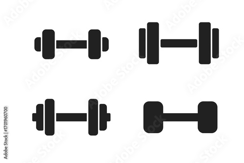 Dumbbell icon set for fitness and gym design. Minimalist black silhouette vector cartoon illustration. Weightlifting and bodybuilding equipment symbols for workout graphics.