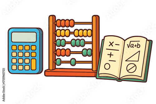 Mathematics educational tools set. Cartoon vector illustration of a calculator, abacus, and school book for studying. Concepts for learning arithmetic, algebra, and geometry.