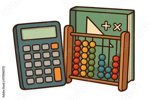 Math education tools with calculator, abacus, book. Vector cartoon for learning, study, arithmetic, accounting. School supplies for calculation, numeracy. Isolated set.