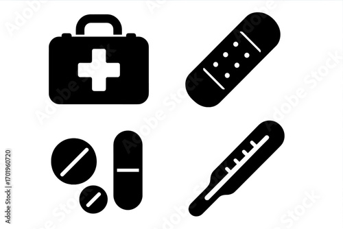 Medical icon set in silhouette style. First aid kit, bandage, medicine pills and thermometer. Emergency healthcare graphic symbols for web and app design. Vector illustration.