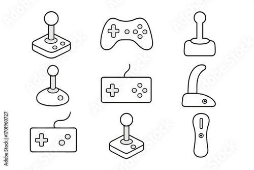 Video game controller and joystick line icon set. Retro, vintage, and modern gamepad collection for gaming and esports. Console and arcade pictogram. Editable stroke vector.