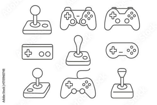 Video game controller and joystick line icon set. Gaming, esports concept. Gamepad, console joypad collection. Retro arcade and modern accessory symbol for web, app design.
