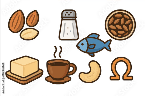Cooking ingredients icon set. Vector cartoon food collection with nuts, salt, fish, seeds, butter, coffee, cashew, and omega symbol. For grocery, diet, and nutrition design.