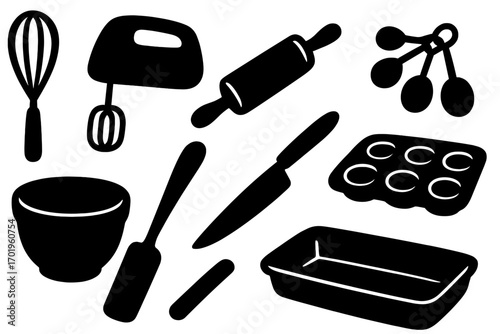 Baking tools silhouette set. Kitchen utensils collection for cooking and baking. Vector icons of whisk, mixer, rolling pin, bowl, spatula, muffin tin, measuring spoons.