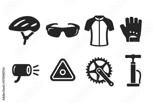 Cycling gear and bike safety equipment icon set. Bicycle accessories symbols for maintenance and repair. Vector illustration of helmet, pump, jersey, gloves, and light.