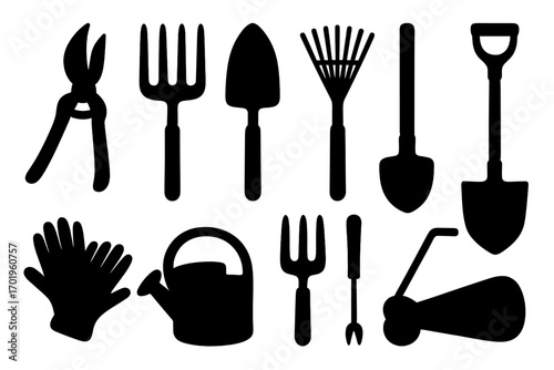 Gardening tools silhouette set. Garden equipment vector icons. Shovel, rake, fork, trowel, watering can, gloves for home garden projects and DIY. Black isolated illustration.
