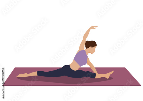 Woman doing yoga split on mat. Female performing stretching exercise for flexibility and wellness. Isolated illustration for fitness design