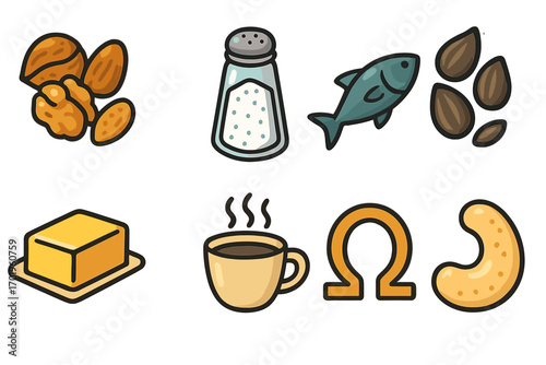 Food icons set with essential cooking ingredients. Vector cartoon illustration of nuts, fish, coffee, butter, seeds, salt, cashew and omega symbol for healthy fats.