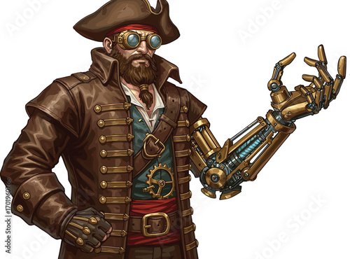 Steampunk pirate captain with mechanical arm, brass gears, leather coat, goggles, futuristic adventurer, Victorian era sci-fi, fantasy character design