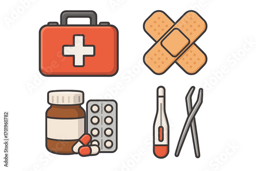 Medical icon set with first aid kit, bandages, pills, and thermometer. Emergency healthcare and medicine concept. Treatment symbols. Vector cartoon illustration collection.