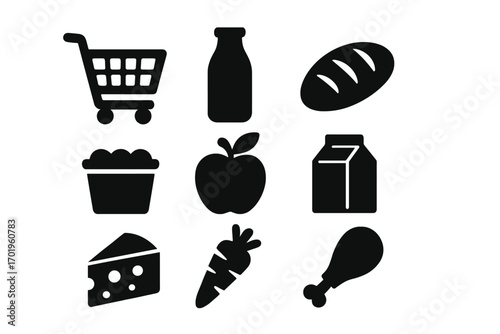 Grocery icons set for supermarket shopping. Essential food and drink items. Black silhouette symbols: cart, milk, bread, apple, cheese, carrot, chicken. Vector design.