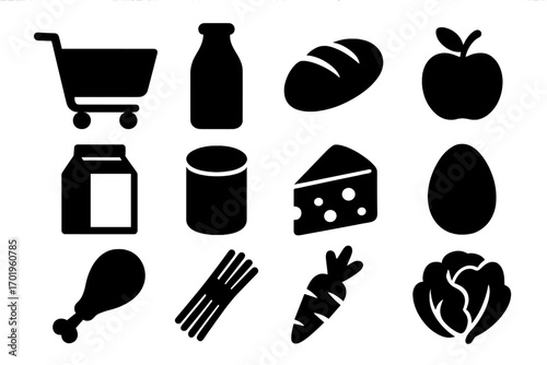 Grocery food shopping icon set. Black silhouette vector illustration of essential supermarket items. Cart, milk, bread, apple, cheese, egg, meat, and vegetables icons.