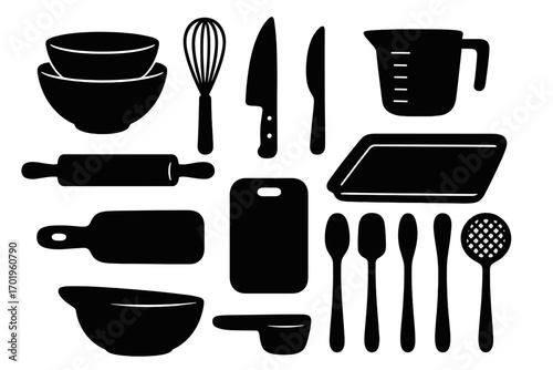 Essential kitchen tools silhouette set. Cooking and baking utensils vector icons. Mixing bowl, whisk, knife, rolling pin, cutting board, pan, and measuring cup icons.