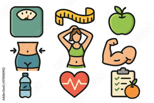 Health and fitness icons set for weight management and wellness. Vector cartoon illustration with symbols for diet, exercise, healthy lifestyle, body slimming, and muscle gain.