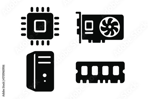 Computer hardware components icon set. PC parts silhouette. CPU, GPU, RAM, case. Vector illustration for technology, gaming, electronics. Microchip, processor, video card.