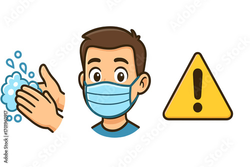 Hygiene practices icons. Hand washing with soap, man wearing face mask, and warning sign. Health safety and disease prevention vector cartoon illustration symbol set.