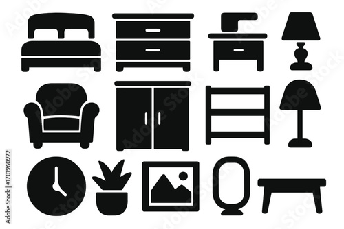 Home furniture icons silhouette set with bedroom essentials and decor. Vector graphic symbol collection for interior design concepts. Bed, lamp, chair, and closet icons.