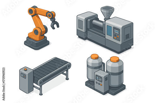 Isometric industrial equipment set. Modern factory automation with robotic arm, conveyor belt, and machinery. Smart manufacturing technology. Vector icons for production line.