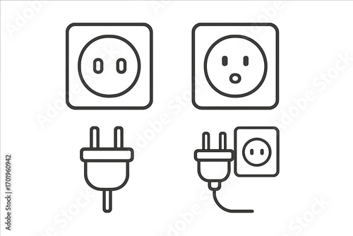 Minimalistic Outlet and Plug Line Icon Set with Editable Stroke for Cards, Apps, Banners, Posts, Transparent Vector Illustration, Electrical Socket Symbols