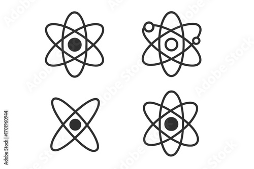 Atom line icon set. Physics science symbol. Chemistry education concept. Nucleus, electron orbit pictogram. Technology sign for UI, web, app. Editable stroke vector.
