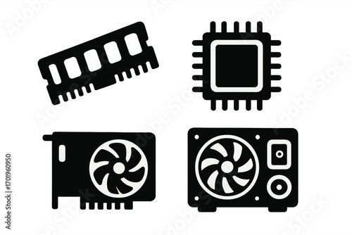 Set of computer hardware component icons in a black silhouette style. Vector illustration of PC parts: CPU processor, RAM memory, GPU graphics card, and power supply unit.