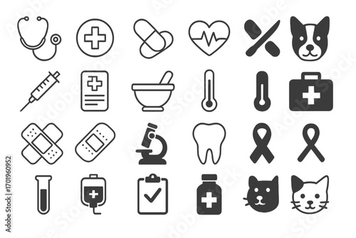 Medical and veterinary icon set. Outline and solid glyph styles for healthcare, pet care, pharmacy, and dental themes. First aid, hospital, and clinic symbol collection.